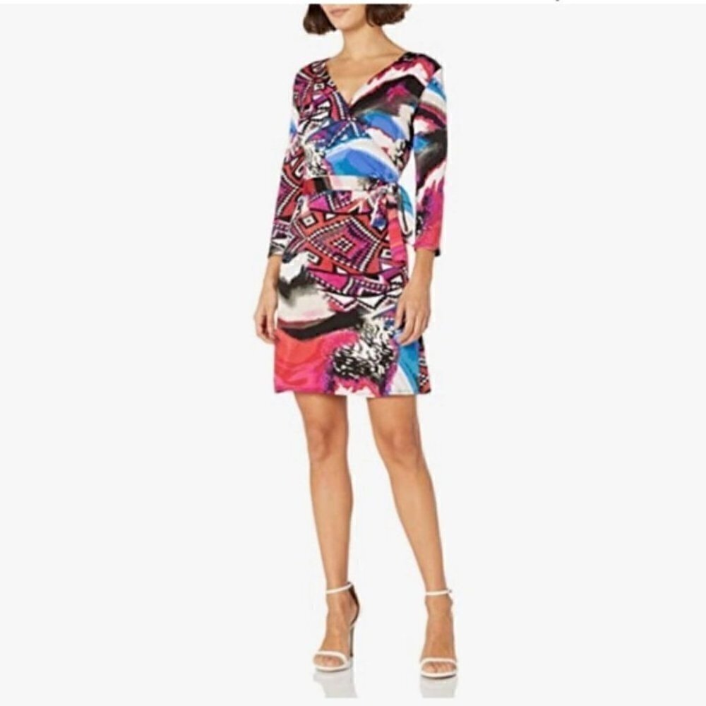 Fuchia Abstract Print Faux Wrap Dress